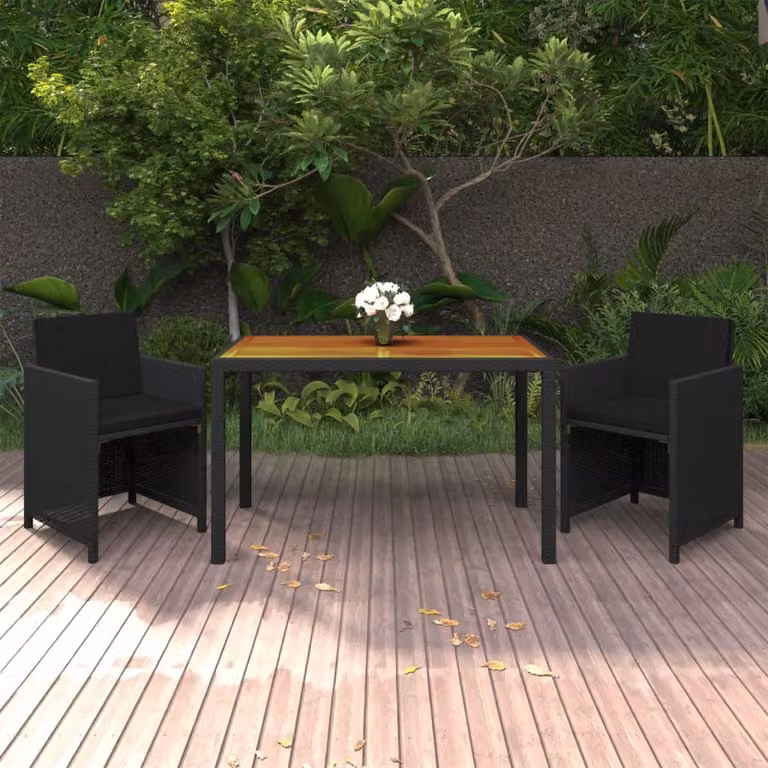The Living Store Set da pranzo da giardino 3 pezzi con cuscini in poly rattan nero