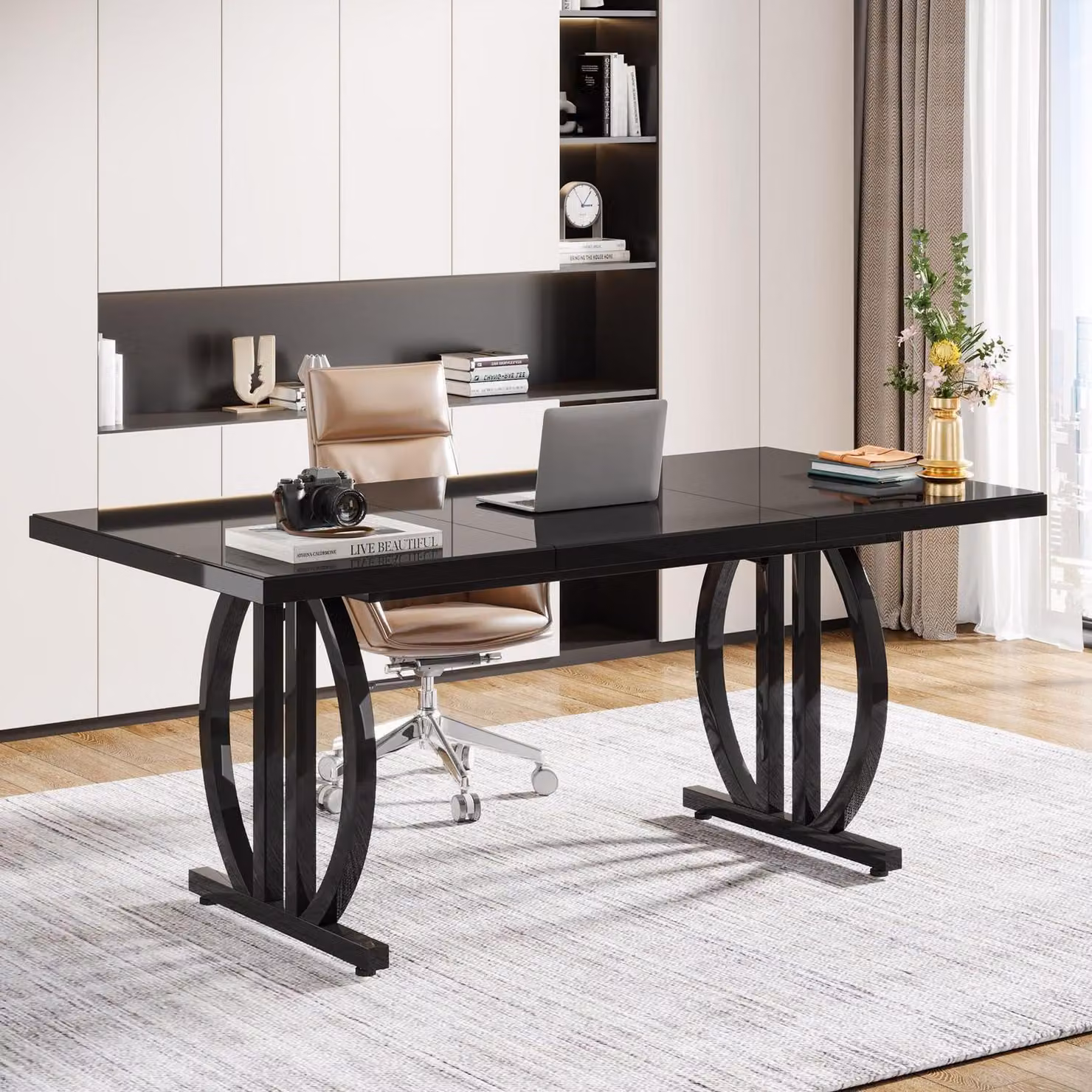 Scrivania 160x80 cm, nera, con struttura in metallo, ideale per l'ufficio domestico