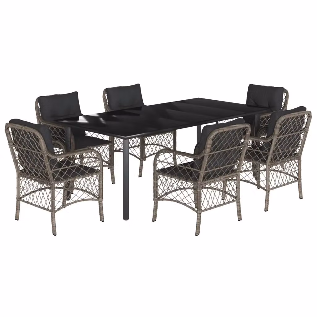Set da pranzo da giardino vidaXL in polyrattan e vetro con 7 pezzi, colore grigio e nero – 2