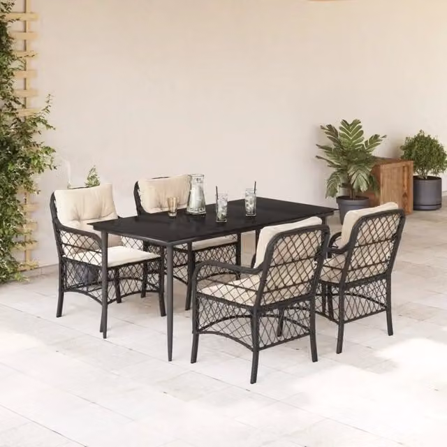 Set da Pranzo da Giardino 5 pz Nero con Cuscini in Polyrattan