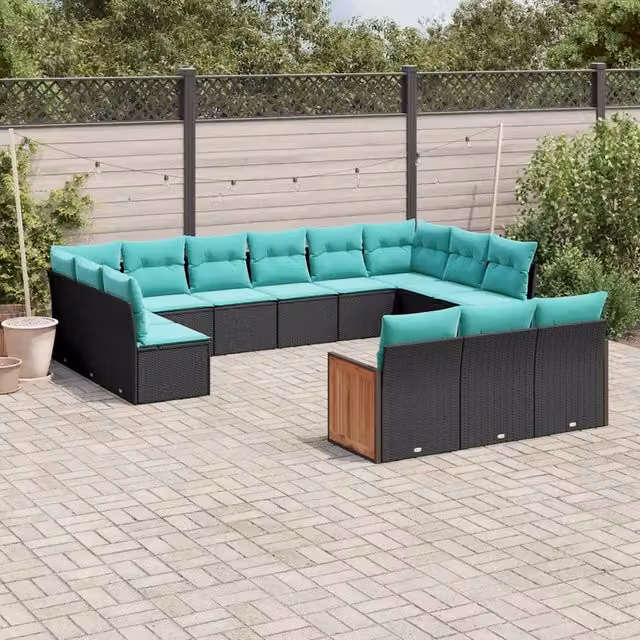 Set di divani da giardino vidaXL a forma di U con cuscini, struttura in rattan e legno di acacia, colore nero, blu e turchese