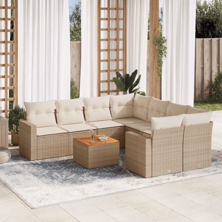 vidaXL Set Divano da Giardino 9 pz in Polyrattan con Cuscini Beige e Tavolino da Caffè Moderno
