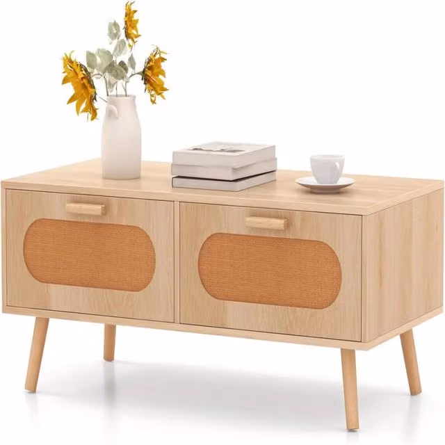 Tavolino da caffè rettangolare in rattan e legno stile mid-century con doppio cassetto e scomparto posteriore, colore marrone e beige