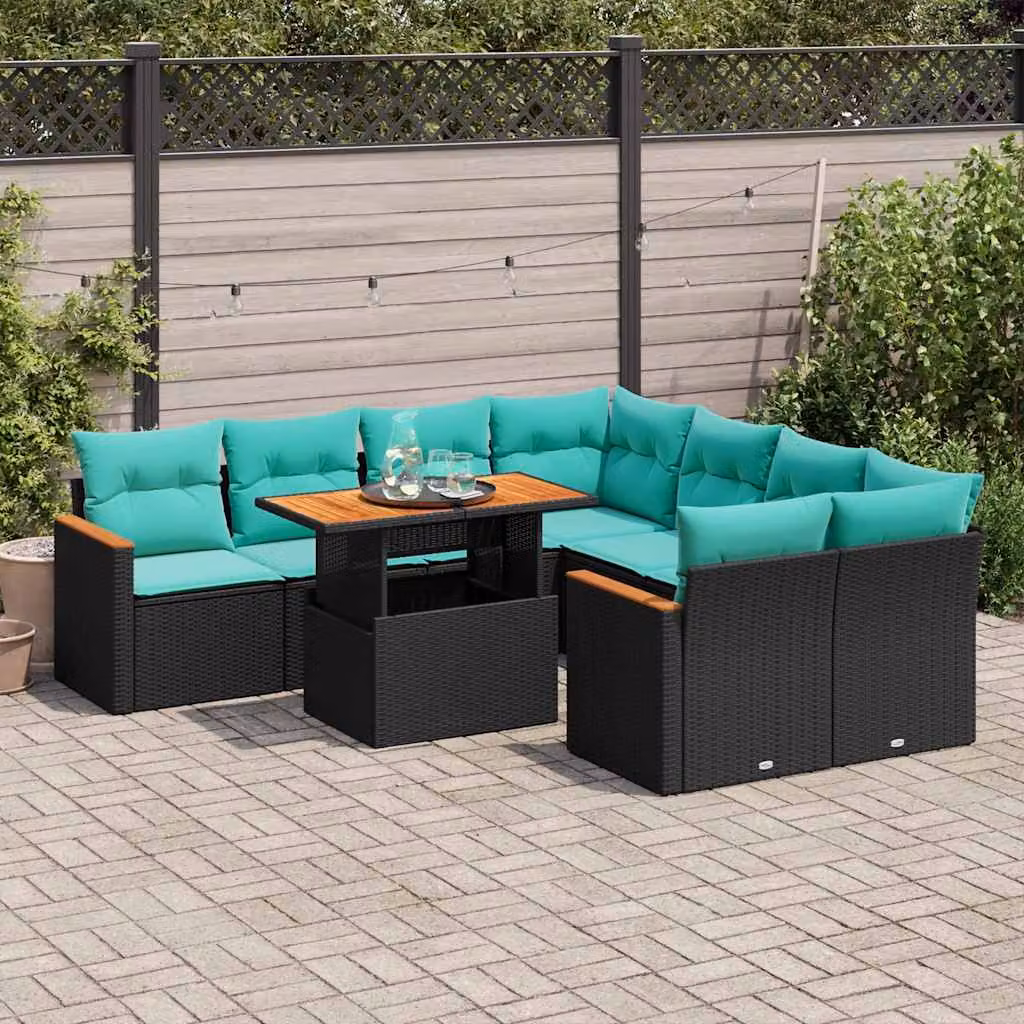 Set Divani da Giardino vidaXL 9 pz a forma a U in Polyrattan con Cuscini e Tavolino, Nero