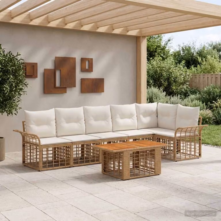 Set Divano da Giardino vidaXL in Polyrattan 7 Pezzi con Cuscini, Colore Naturale e Bianco Crema
