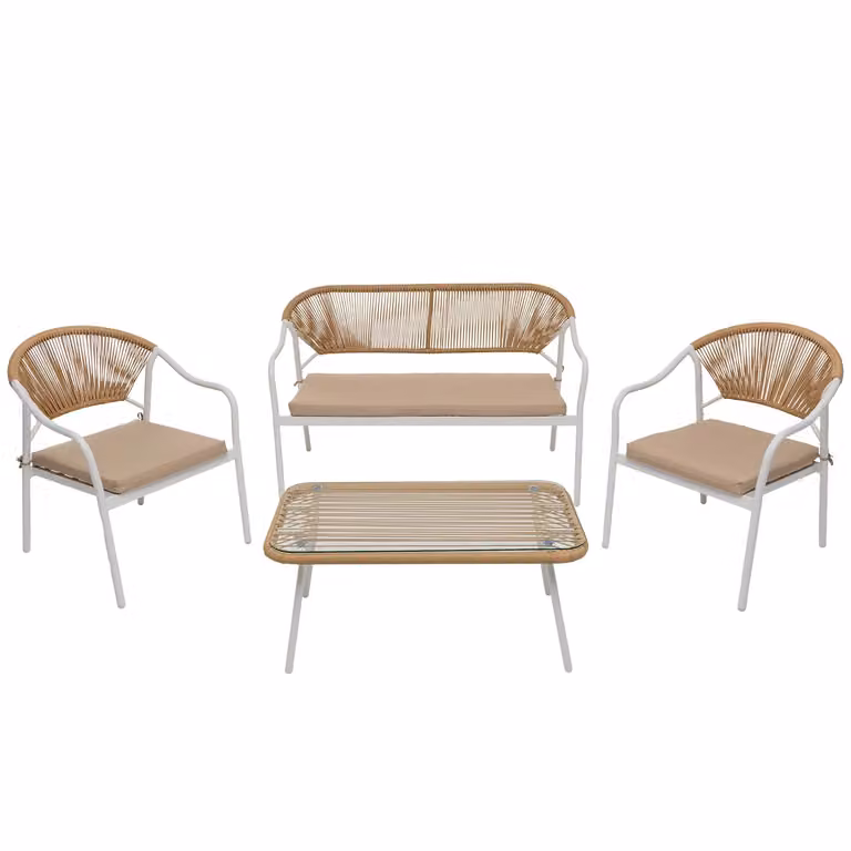 Vestiamo Casa Giardino Set da giardino 4 pezzi con struttura in acciaio bianco, schienale in rattan, top in vetro e cuscini beige inclusi