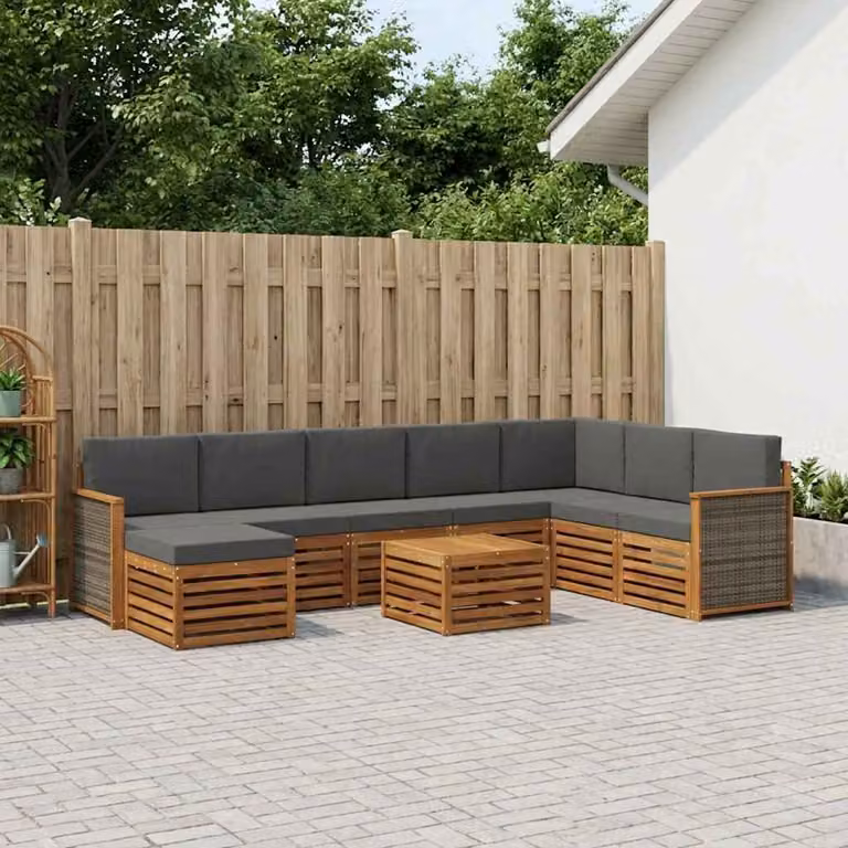 vidaXL Set di divani da esterno a L in legno di acacia con cuscini, 9 pezzi, Beige e Antracite