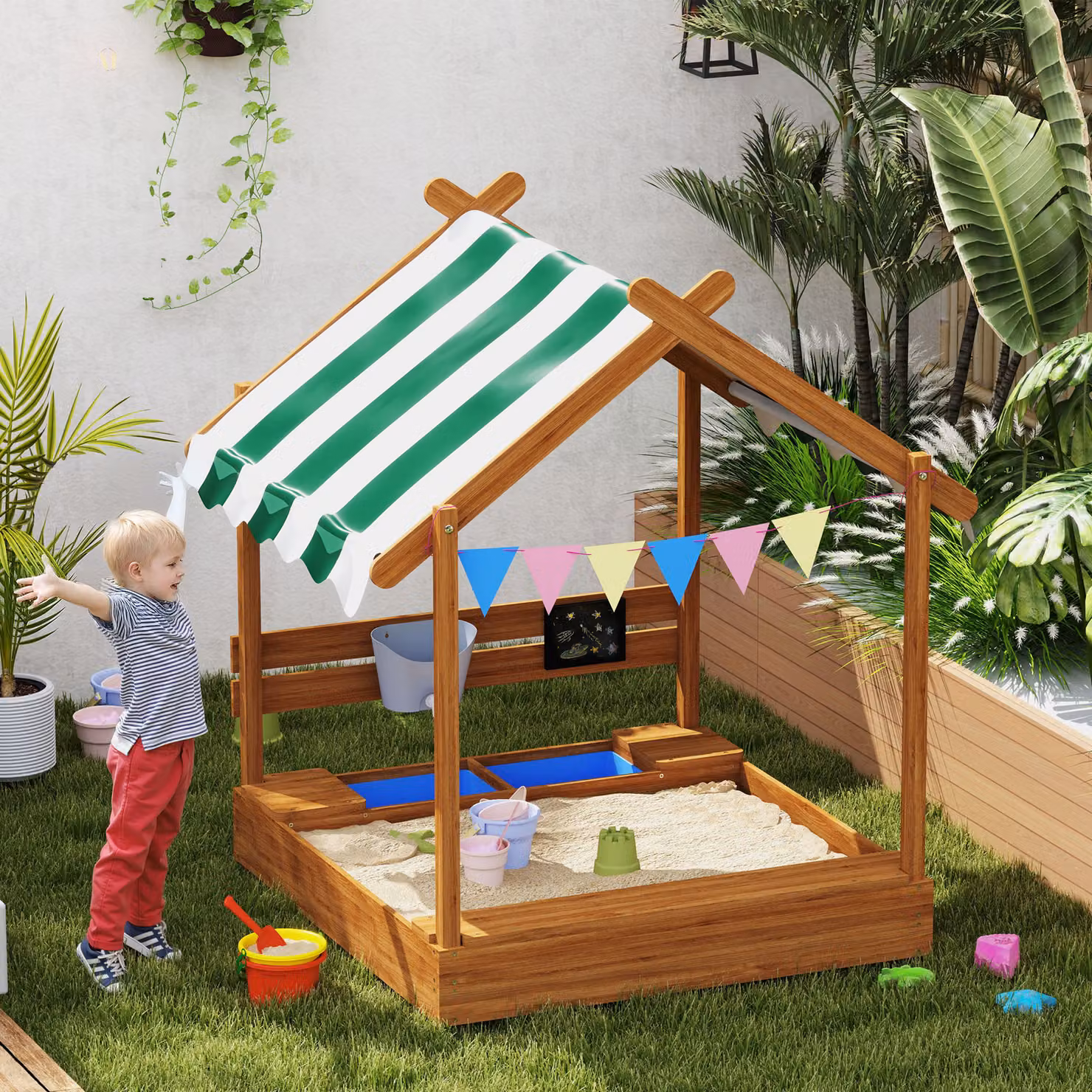 Sabbiera per bambini Outsunny con tenda, 6 bandierine, 2 vaschette, rubinetto e lavagna a casetta, arancione e multicolore, L: 124 cm, P: 116 cm, H: 146 cm – 2