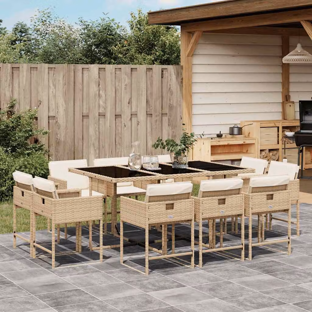 Set da Pranzo da Giardino vidaXL in Polyrattan con Cuscini Beige e Piano in Vetro, 11 pz – 1