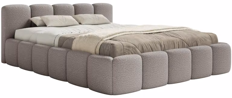 Selsey Cloudy Low - Letto imbottito 140x200 con rete a doghe in legno, grigio bouclé