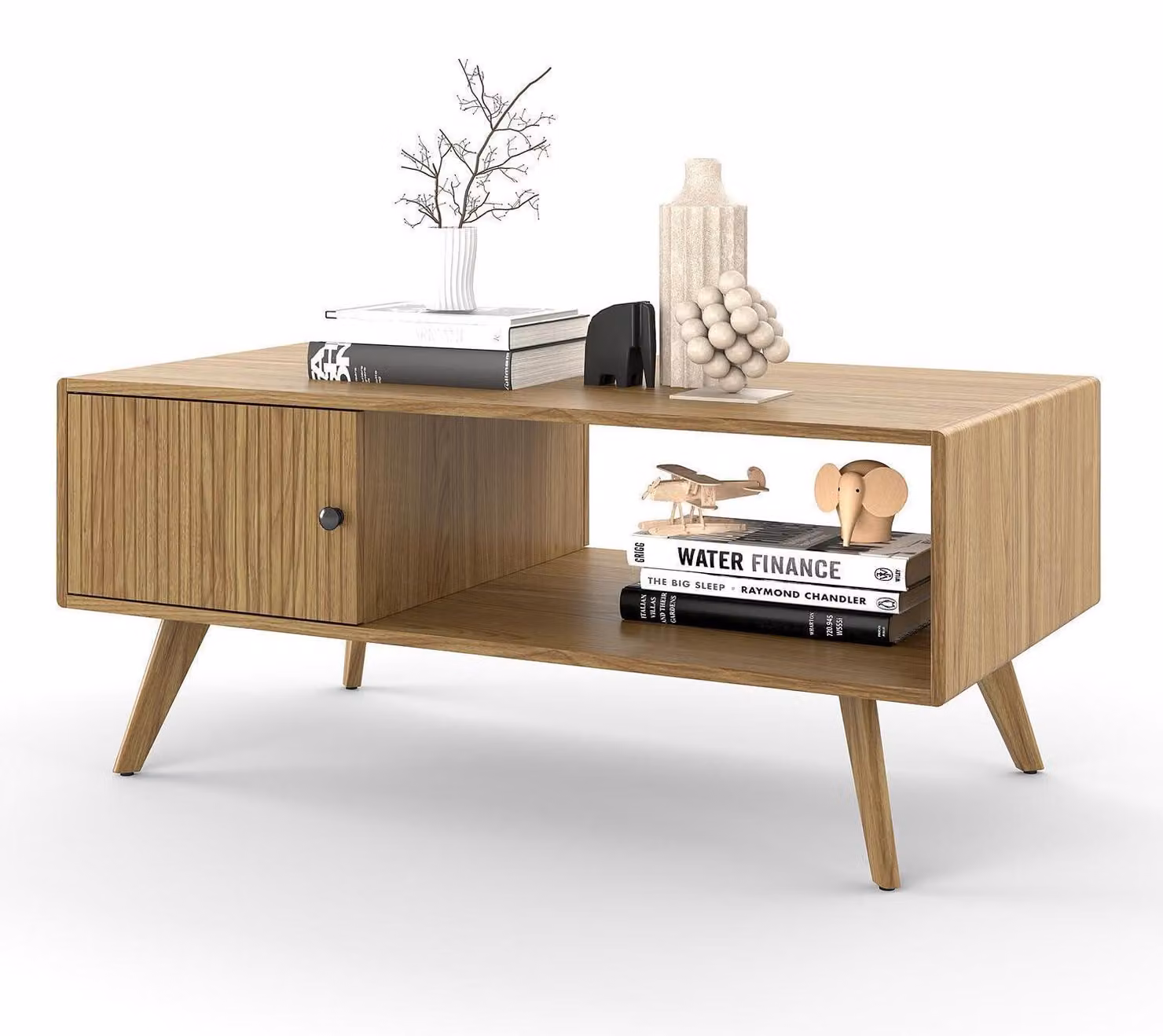Tavolino da caffè in stile mid-century, legno di quercia, dimensioni 100x50x45 cm, con spazio contenitivo