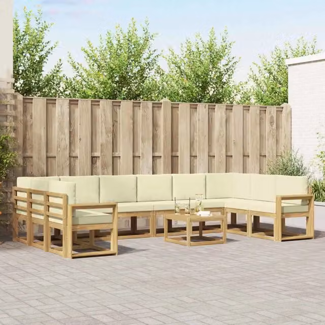 Set di divani da esterno a forma di U vidaXL in legno di acacia con cuscini Bianco e Beige – 1