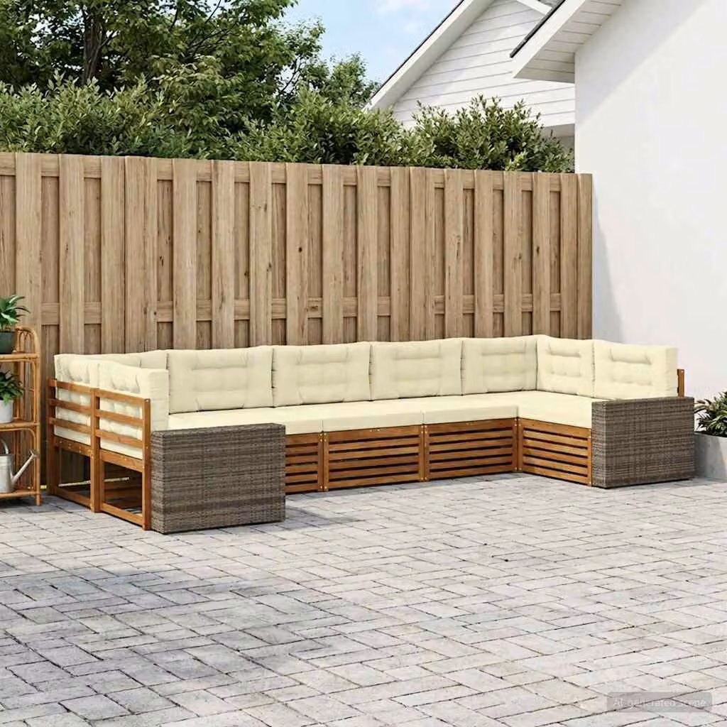 Set di divani da esterno vidaXL 7 pz in legno di acacia con cuscini, colore beige, bianco e marrone