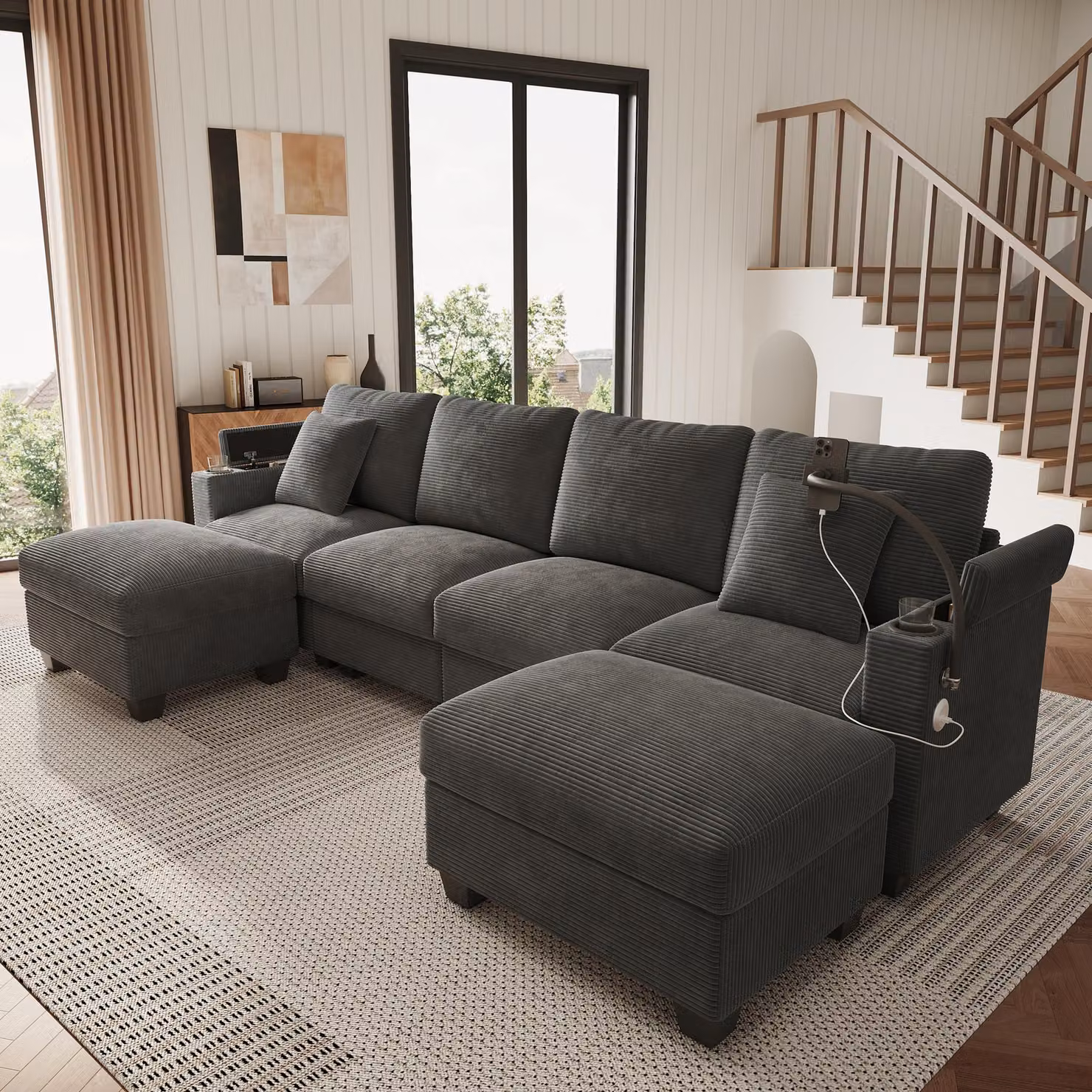 Merax Divano angolare a U a 6 posti, divano letto, grande divano modulare in velluto a coste, con porta USB, supporto per cellulare, portabicchieri, divano, grigio