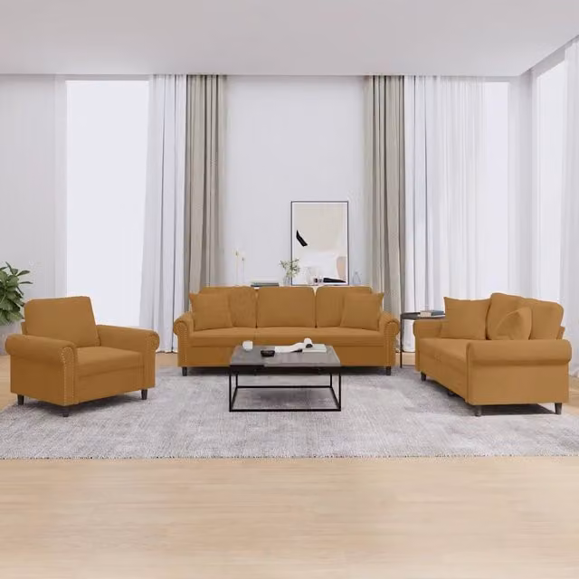 Set di Divani 3 pz con Cuscini Marrone in Velluto 3202197