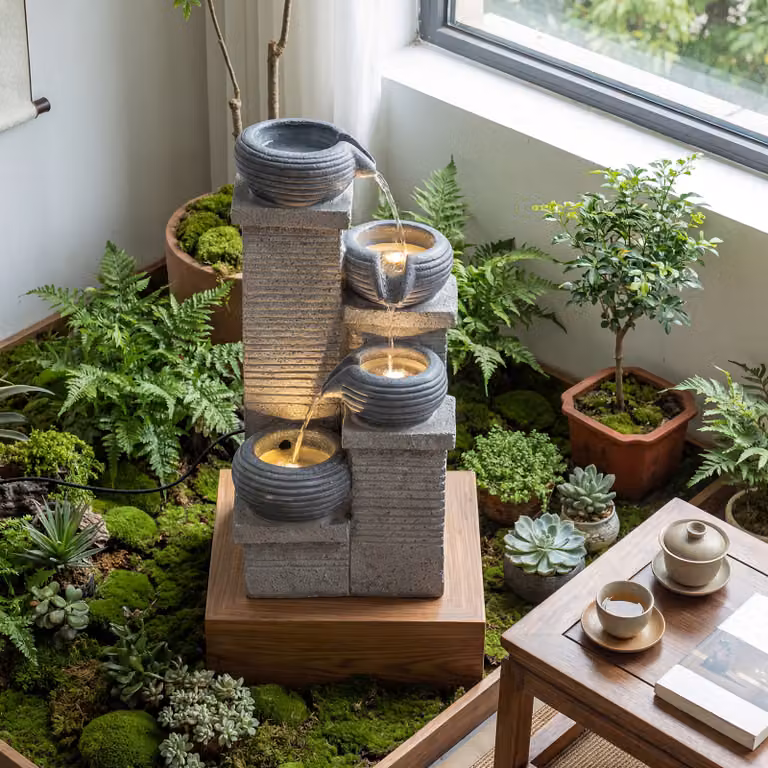 Fontana da giardino a cascata Costway a 4 livelli in resina grigia con 3 luci LED, pompa silenziosa e velocità regolabile