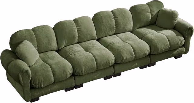Divano verde in chenille con cuscini imbottiti spessi, schienale ergonomico e braccioli eleganti, 330x86x90 cm