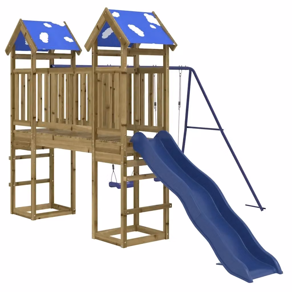 vidaXL Set da Gioco da Esterno con Torre di Gioco, Scivolo, Altalena, Sabbiera e Tenda in Legno di Pino Multicolore – 2