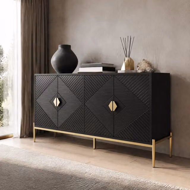 Sideboard moderno geometrico a 4 ante in MDF e metallo, nero opaco con dettagli oro, L: 162 cm, P: 40 cm, H: 80 cm