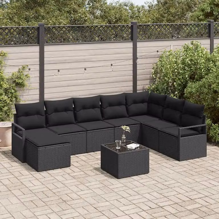 Set di divani da giardino vidaXL a forma di L in rattan nero con cuscini e tavolino da esterno, 9 pezzi