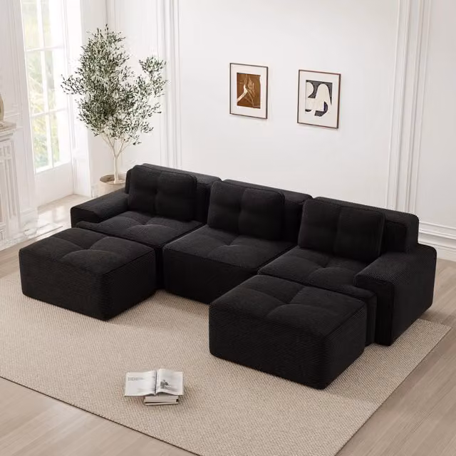 Divano modulare a U 3 posti in velluto a coste nero, 293 x 177 x 69 cm, divano nuvola nero senza montaggio con pouf