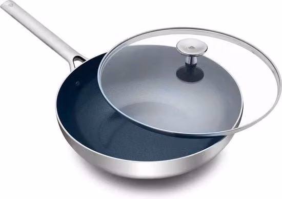 Pentola Wok in Acciaio Inossidabile con Coperchio 28 cm/36 l con Filtro Anti-afto - Senza PFAS - Induzione a Doppio Strato - Resistente a Lavastoviglie - Resistente al Forno - Argento