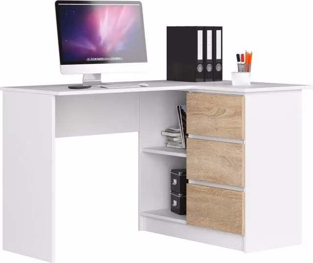 Scrivania angolare AKORD B16 Bianco 124 cm 3 cassetti inserto frontale Sonoma Quercia 124x85x77 cm Modello a destra