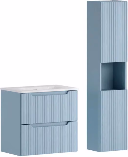 Set bagno sospeso VANO blu denim 90cm: mobile sotto lavabo con cassetti + lavabo da incasso bianco + colonna