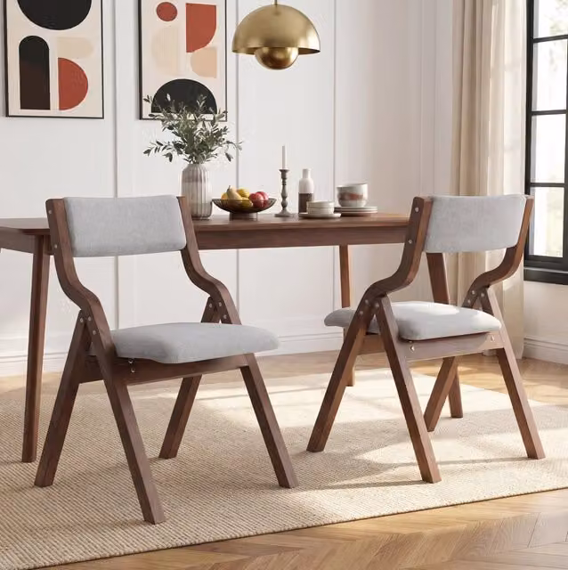 Set di 2 sedie pieghevoli in legno massello con seduta imbottita in lino; grigio