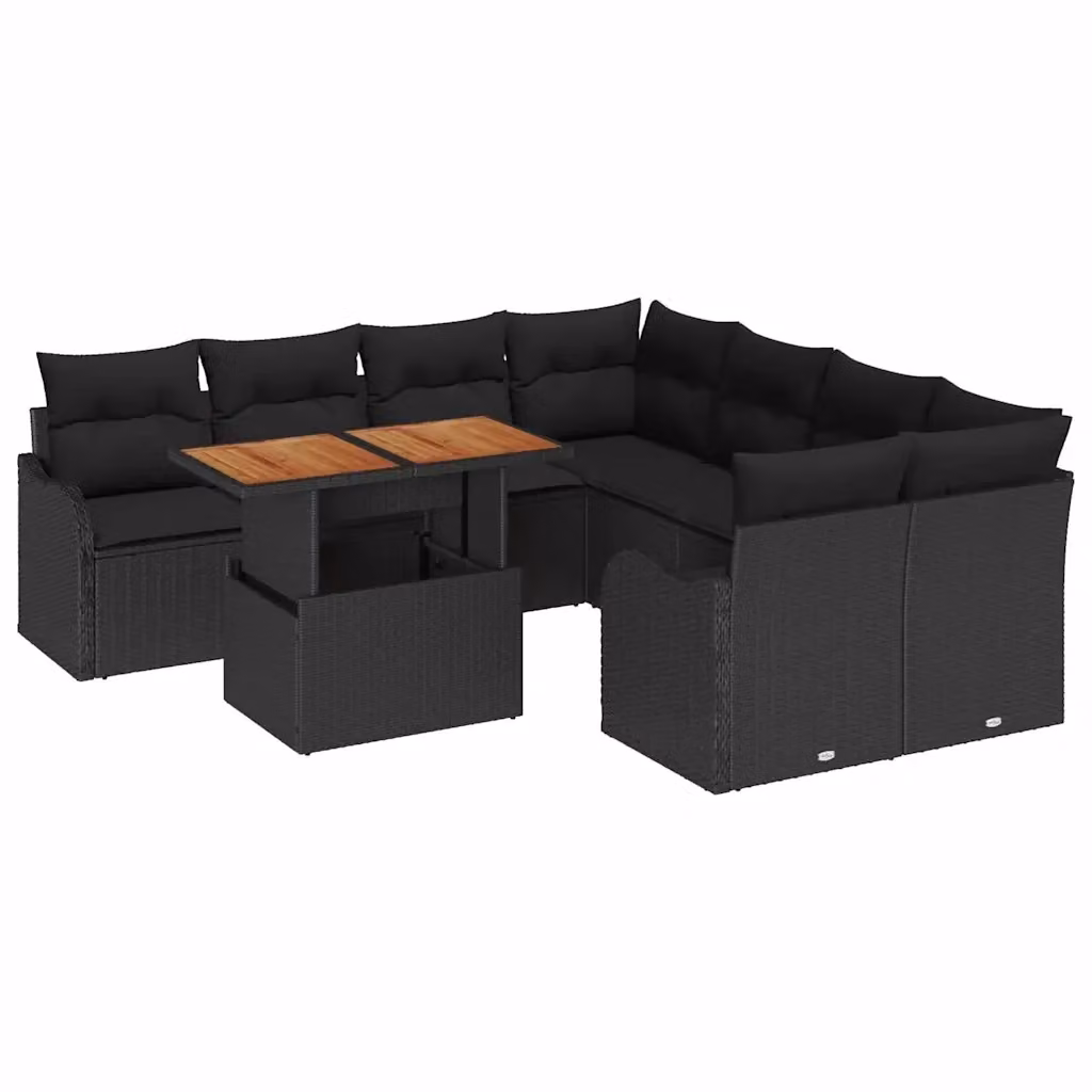 Set Divano da Giardino vidaXL 9 Pezzi in Polyrattan Nero e Beige con Cuscini e Tavolino da Esterno – 2