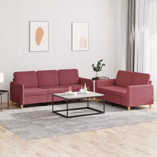 Set di Divani 2 pz con Cuscini Rosso Vino in Tessuto 3202124