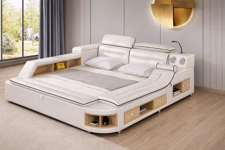 Luxus Bett Bett Leder Betten 200x200 Multifunktion Schlafzimmer Liege Regale