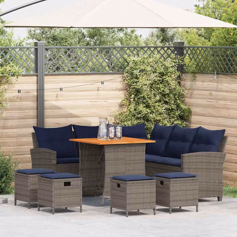 Set Divano da Giardino a Forma di L vidaXL in Polyrattan con Tavolino e Ottoman, 6 Pezzi, Grigio e Blu