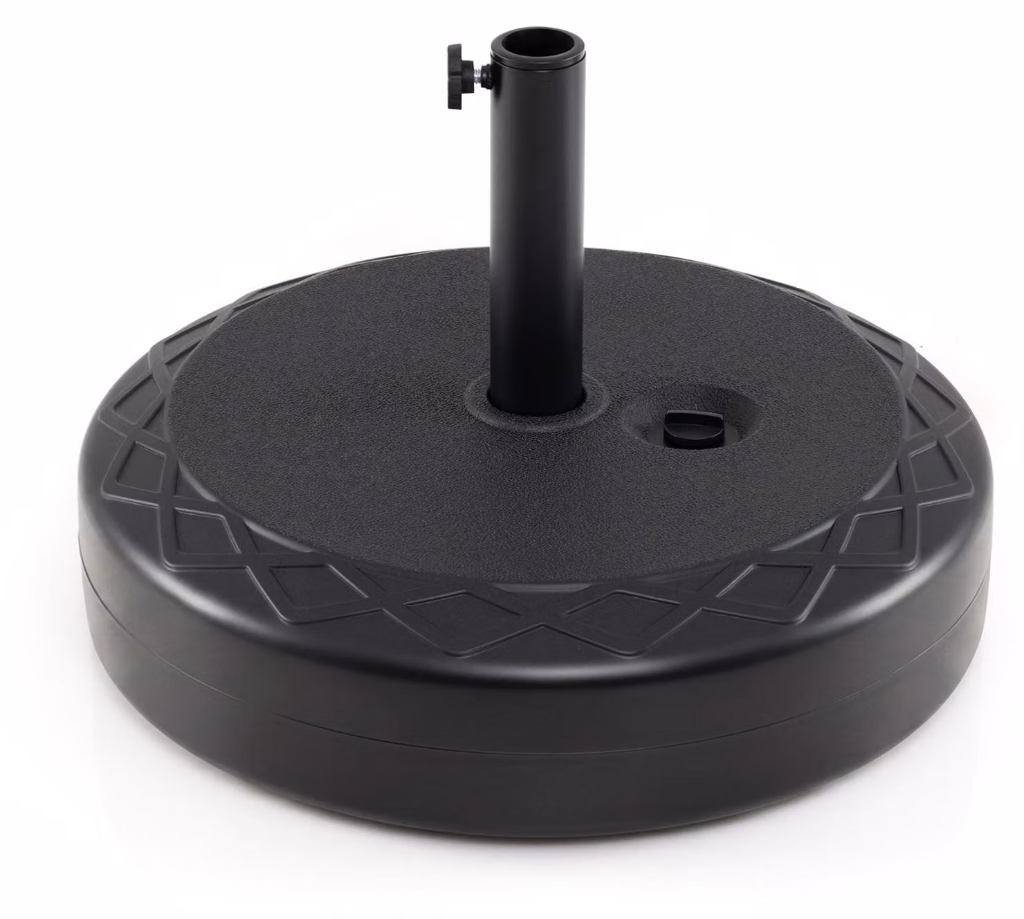 KOMFOTTEU, supporto per ombrellone in HDPE, rotondo, 55 cm. Portaombrellone con maniglia, adatto per ombrelli con palo da 39-49 mm, riempibile con acqua e sabbia fino a 52 kg. Supporto per ombrellone per terrazza, giardino e balcone, colore nero