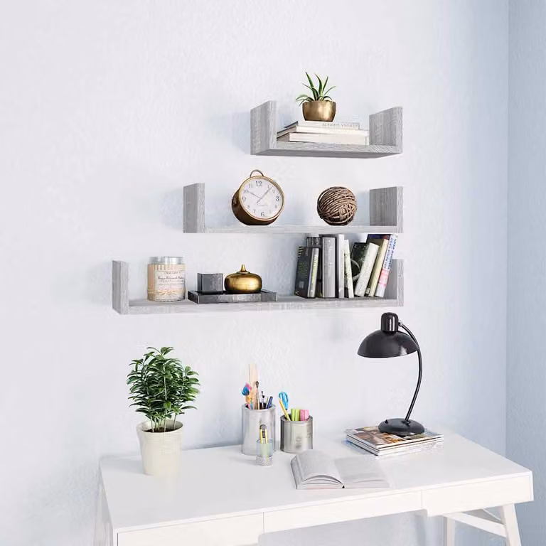vidaXL Set di 3 Mensole Espositive a Parete in Legno MDF Grigio Rovere