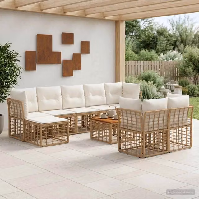 Set di divani da esterno 10 pz 9-Posti Naturale e Bianco Crema 3437568