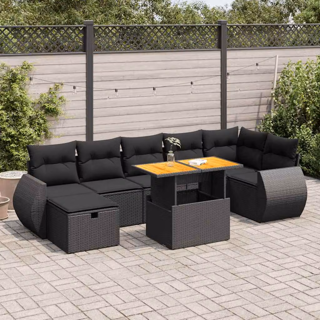 Set Divani da Giardino vidaXL a Forma di L in Polyrattan Nero con Cuscini e Tavolino da Esterno in Legno di Acacia