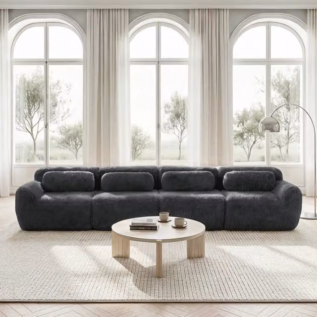 Divano angolare modulare MIVRAY a 4 posti in tessuto grigio per soggiorno con design moderno e struttura imbottita