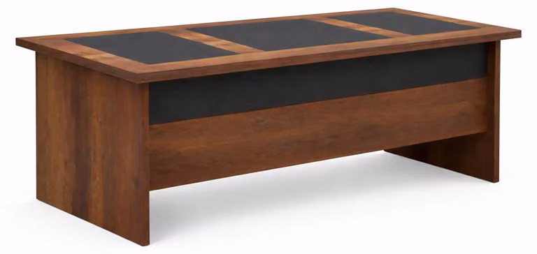 Elegante scrivania da ufficio, design moderno, marrone e nero, struttura in legno
