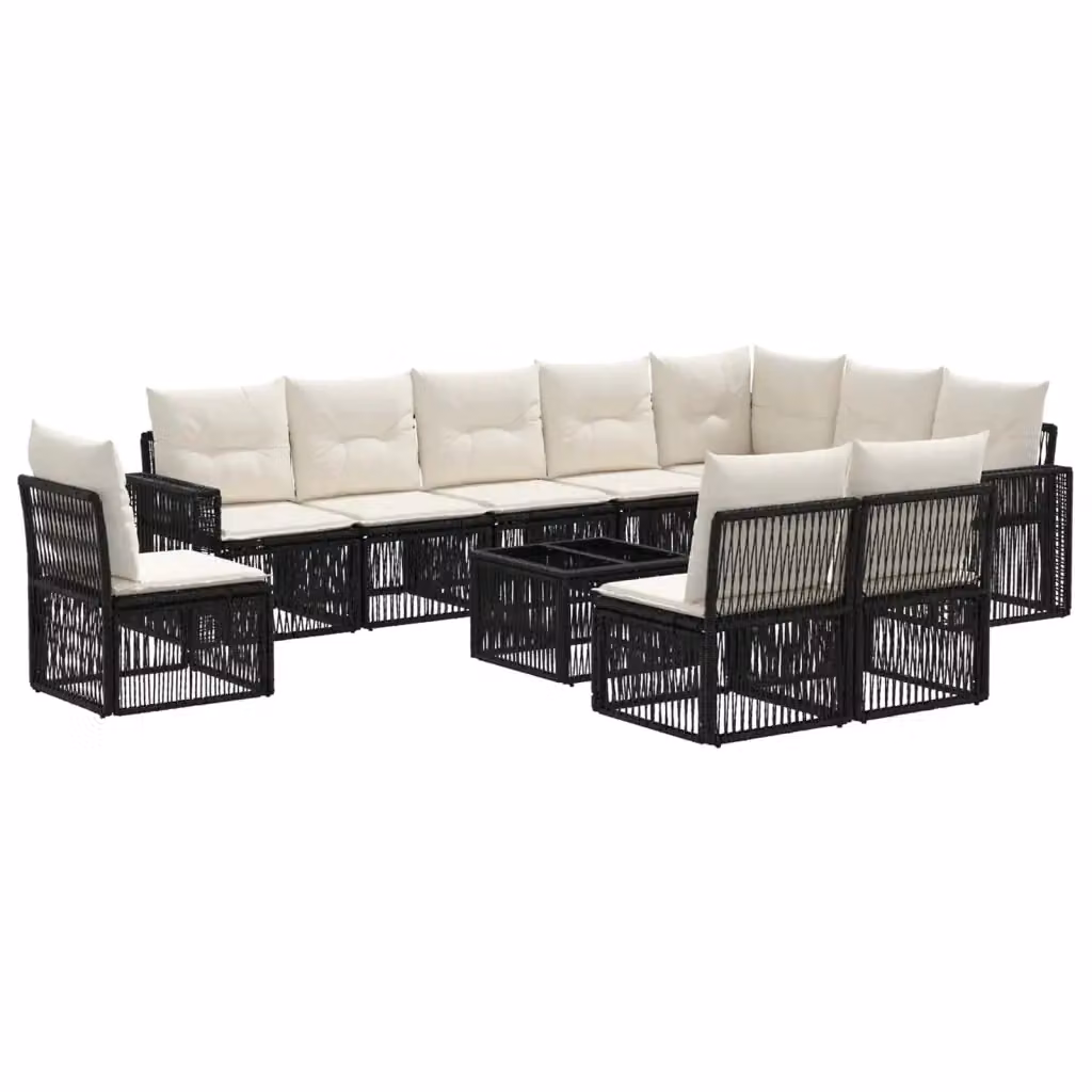 Set Divano da Giardino 11 Pezzi vidaXL in Polyrattan con Tavolino e Cuscini, Colore Nero e Bianco Crema – 2