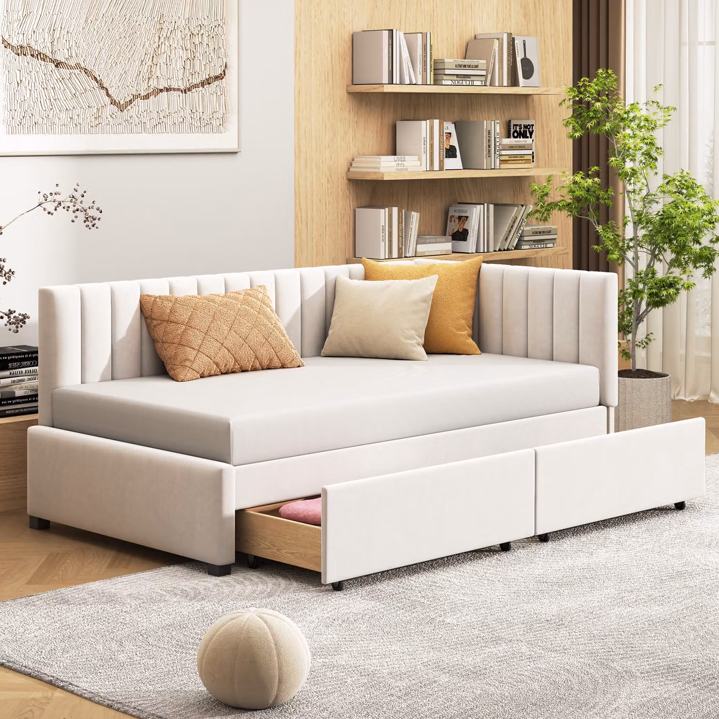 Merax daybed 90x200cm divano letto con 2 cassetti e rete a doghe, letto imbottito in velluto letto per bambini daybed divano letto con braccioli, beige