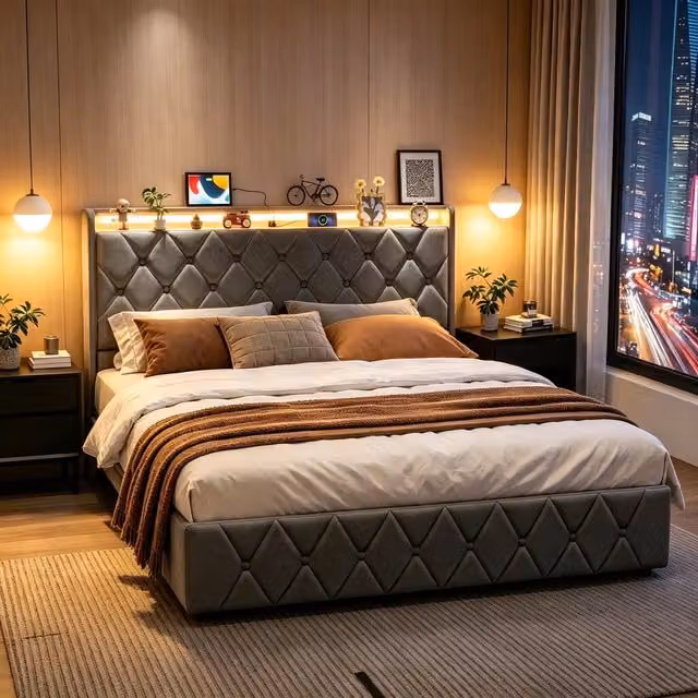 Letto Matrimoniale 140x200 Imbottito;Letto Contenitore con Ripiano; LED RGB;USB-C;Sistema di sollevamento idraulico;Grigio Velluto