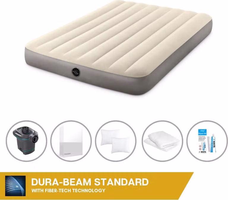 Letto gonfiabile Intex - 2 persone - 137 x 191 x 25 cm - Beige + pompa elettrica Intex - 650 litri/min + lenzuola bianche + cuscino + federe Molton 2 in 1 + set di riparazione
