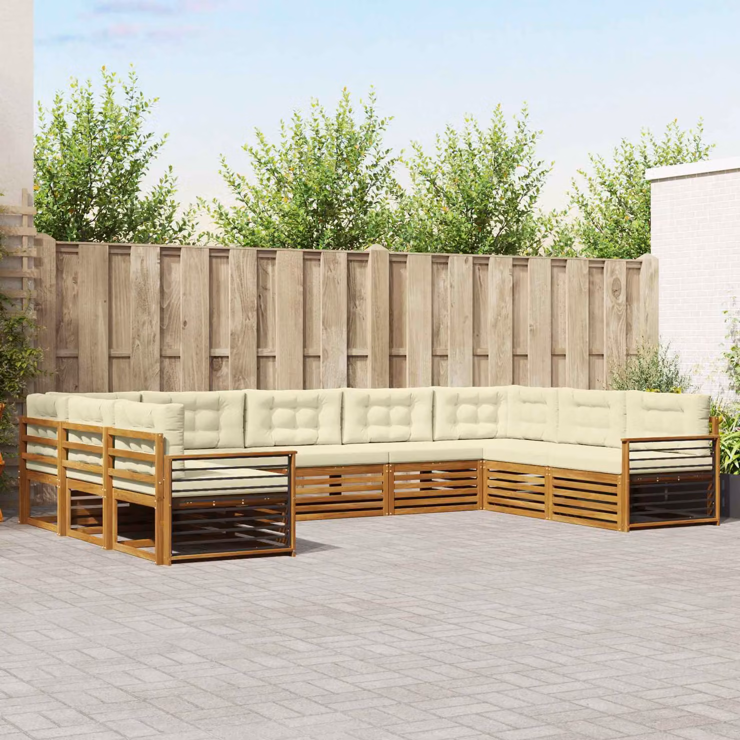 Set di divani da esterno a L vidaXL in legno di acacia con cuscini, 9 pezzi, Beige e Bianco