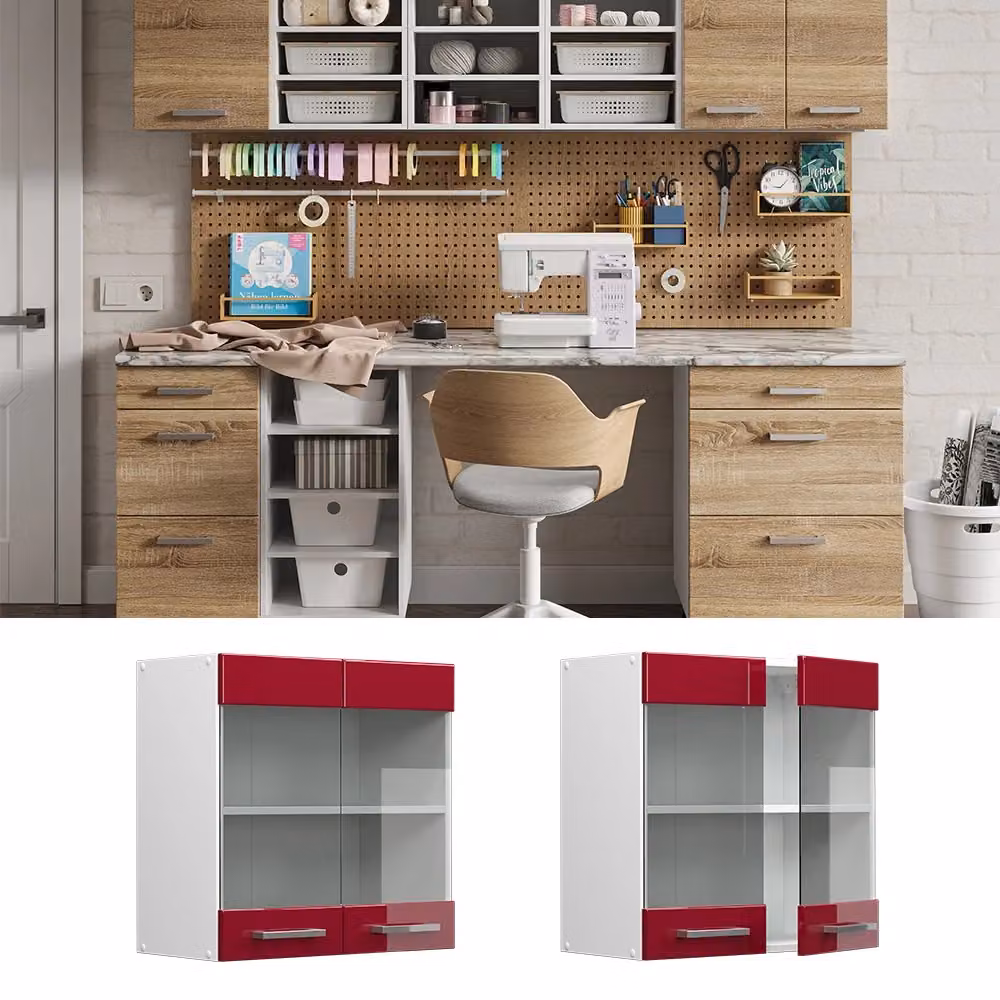 Pensile da cucina universale Vicco R-Line rosso lucido con ante in vetro – 2