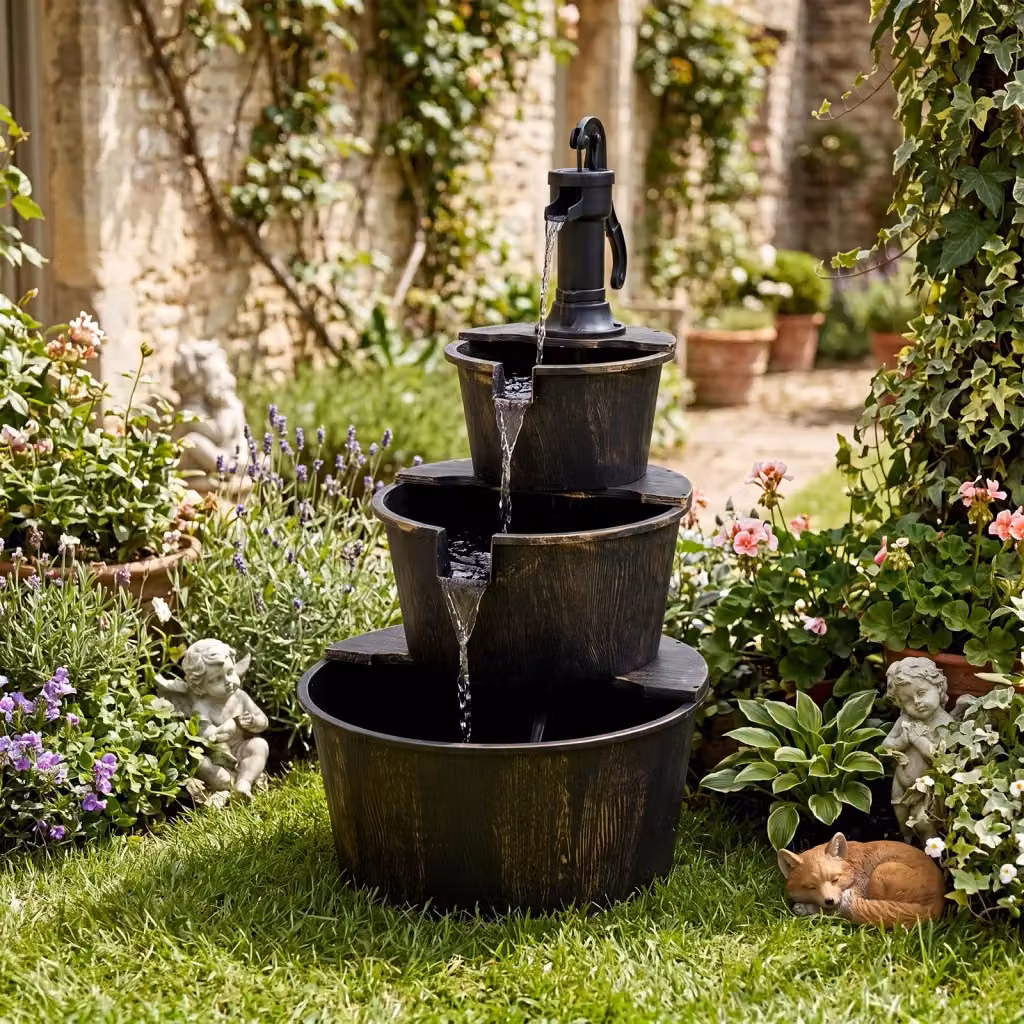 Fontana a cascata da giardino a 3 livelli in stile rustico, fontanella decorativa da esterno per patio e terrazzo, disponibile nei colori bronzo o nero, H: 92,5 cm x L: 52 cm x P: 52 cm – 2