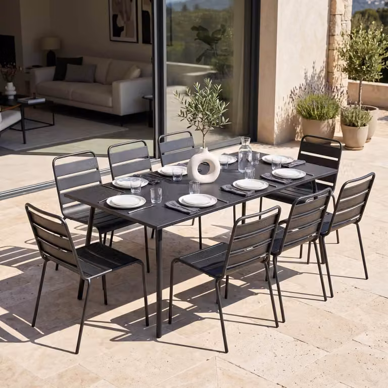 Tavolo da giardino e 8 sedie in metallo grigio - Oviala Palavas