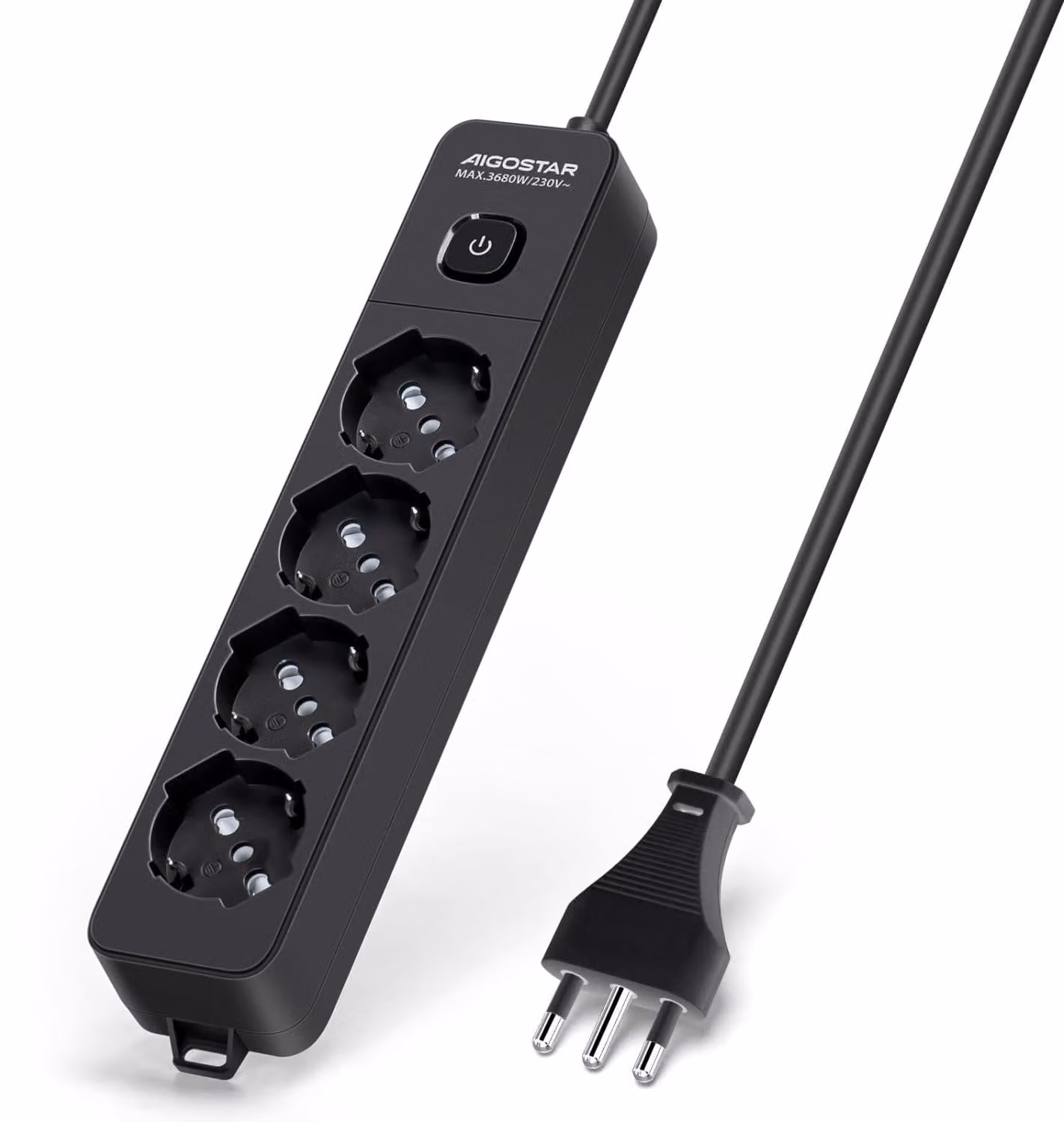 Ciabatta multipresa Aigostar, con 4 prese, interruttore, 250 V/3680 W, cavo da 1,5 metri. Colore: nero