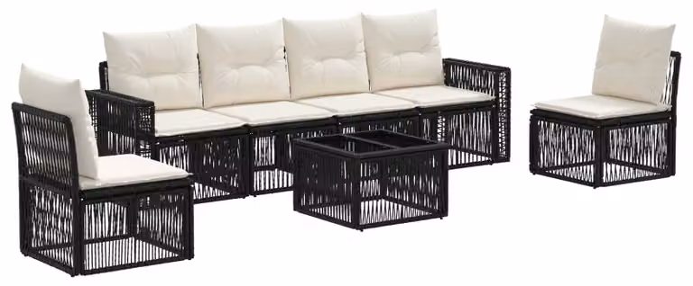 Set Divano da Giardino 7 pcs Nero e Bianco Crema polyrattan