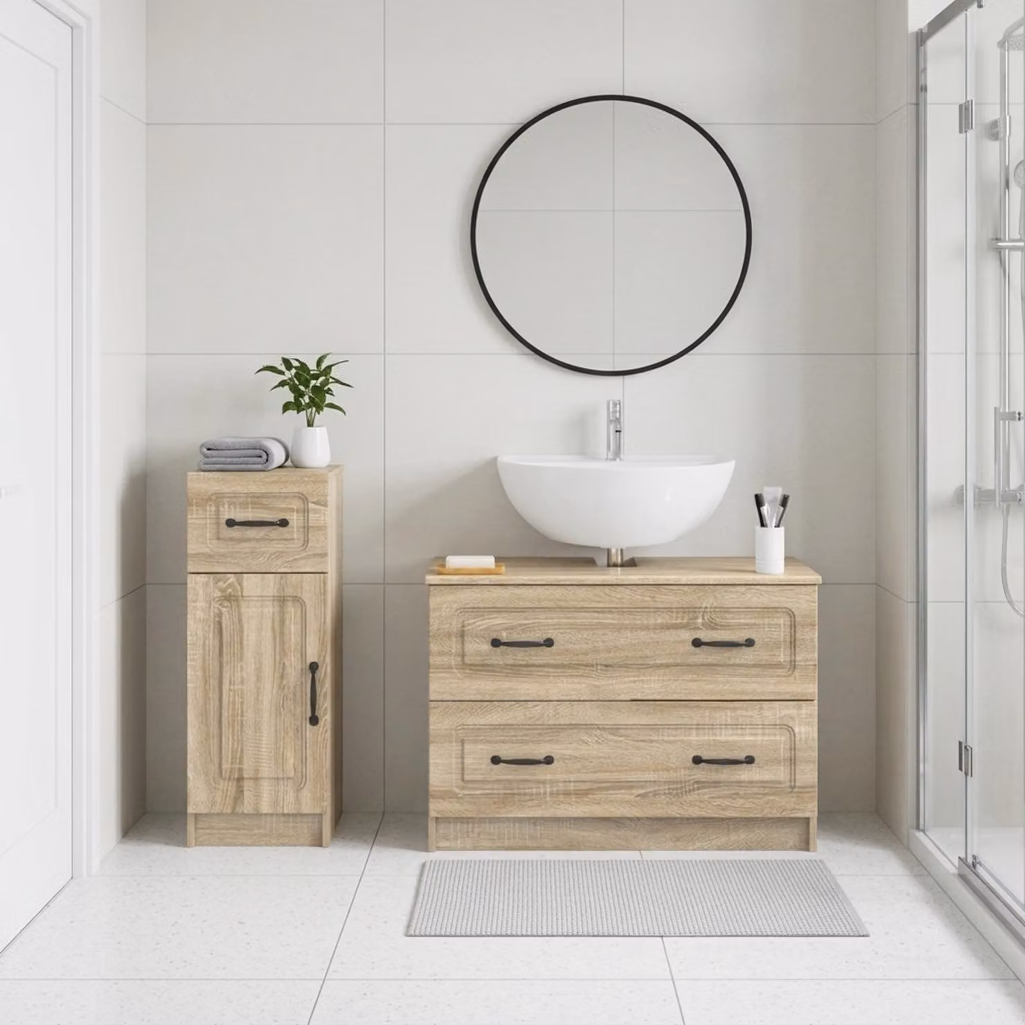 Set di mobili da bagno vidaXL UTRECHT composto da mobile lavabo e mobile contenitore, colore Rovere Sonoma, design moderno con ante a cerniera e ripiani interni
